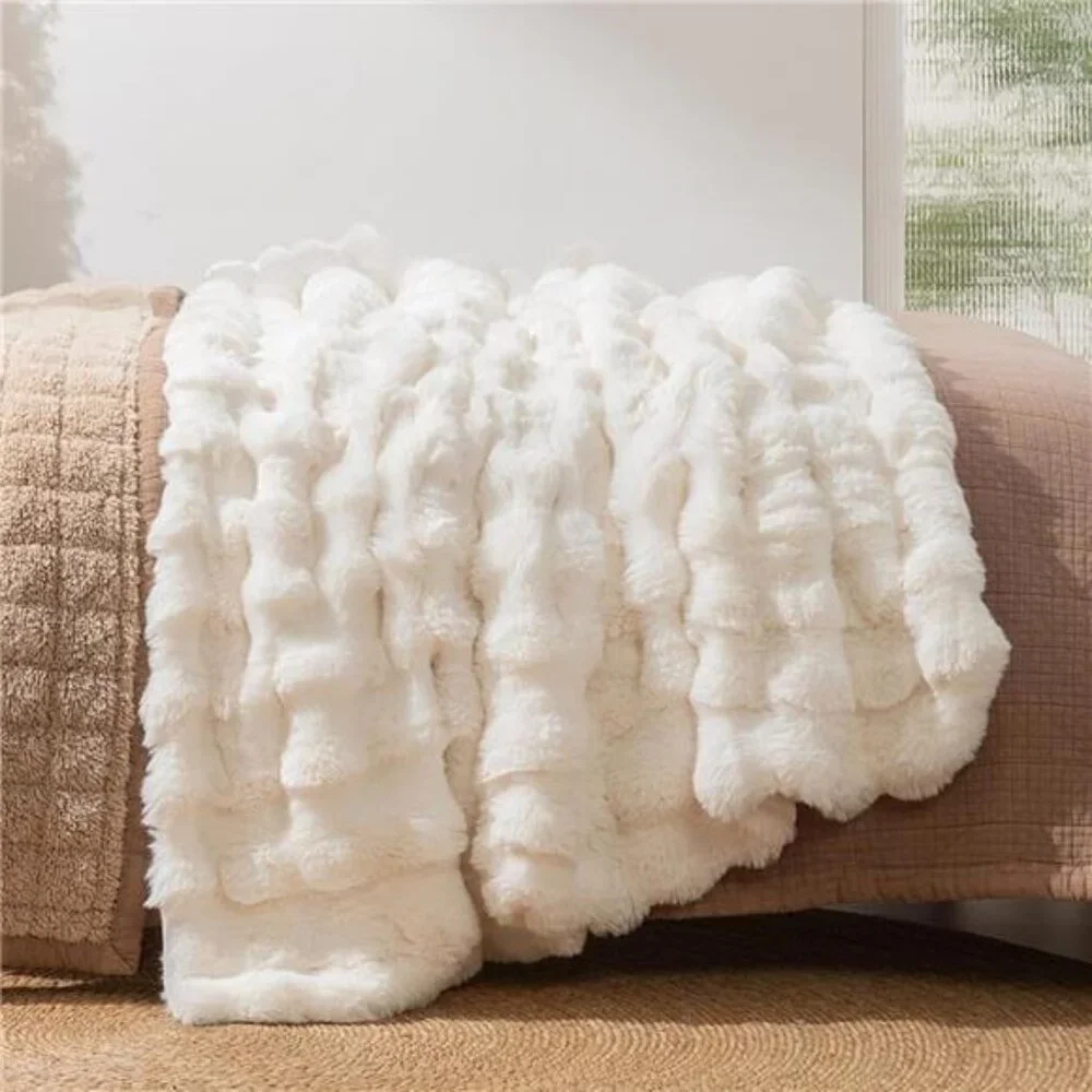 NEW West Elm Boho Ivory Faux Rabbit Fur Plush Throw Blanket Bedding - 50